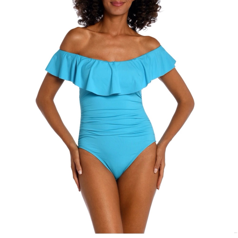 LA BLANCA Off The Shoulder One Piece Ruffle Swim Suit In Azul Blue Size 4